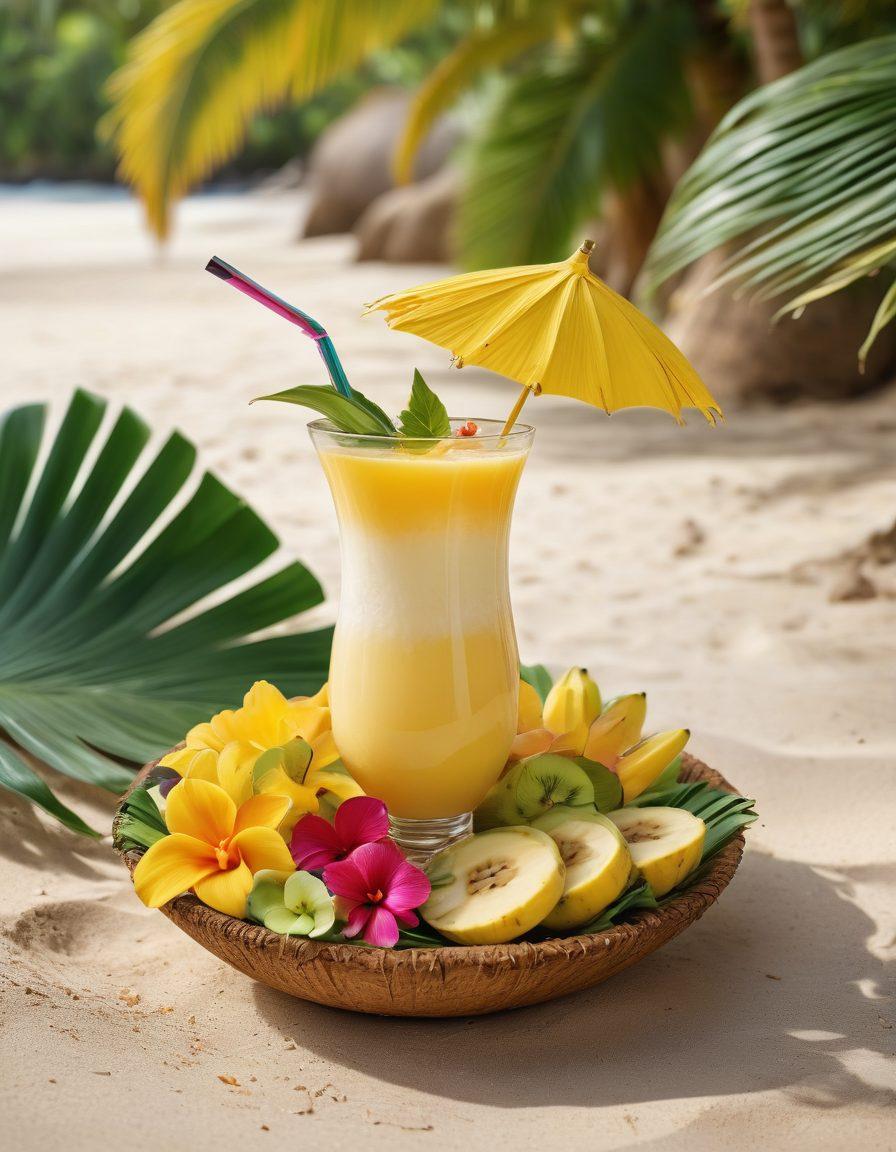A refreshing banana-infused drink served in a coconut shell, surrounded by lush tropical greenery, vibrant flowers, and bright fruit garnishes. Sunlight filters through palm leaves, casting playful shadows on a sandy beach backdrop. A cocktail umbrella peeks out, adding a fun tropical flair, alongside a wicker straw and a slice of fresh banana. super-realistic. vibrant colors. beachside setting.
