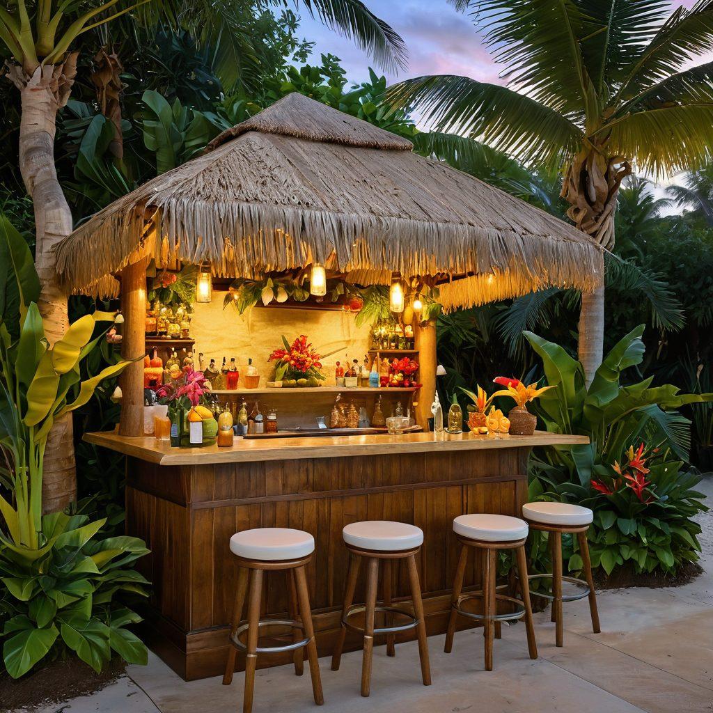 A vibrant tropical scene featuring a beautifully arranged tiki bar with an array of exotic banana brandy cocktails, each garnished with colorful fruits and umbrellas. Soft golden lighting sets the mood, and lush green tropical plants surround the bar, while a serene beach sunset is visible in the background. Include elements like coconuts and festive straws to enhance the tropical feel. super-realistic. vibrant colors. 3D.