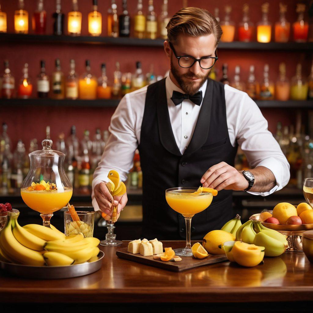 A captivating bar scene showcasing a skilled mixologist creating banana brandy cocktails, surrounded by vibrant fruits and elegant glassware. In the background, a table display of luscious banana-themed desserts complements the vibrant cocktail creations, all bathed in warm ambient lighting. Capture the magic of mixology with focus on textures and colors. super-realistic. vibrant colors. warm lighting.